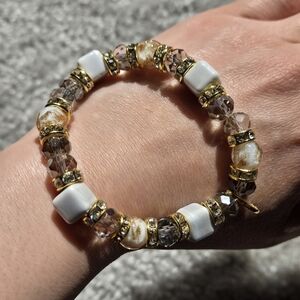 NEW Authentic Murano Glass Stretch Bracelet Gray Milky White In Gold Tone